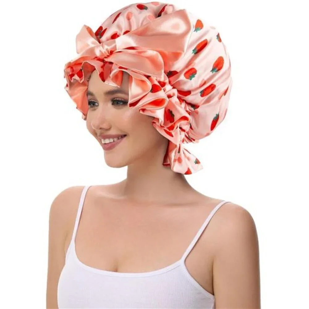 Strawberry Satin Sleep Bonnet – Adjustable Ruffle Cap with Oversized Bow